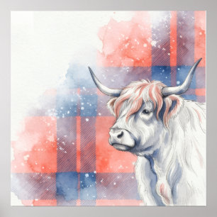 Coral Blue Tartan Highland Cow Watercolour Poster