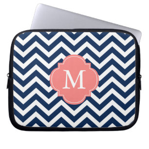 Coral & Blue Zigzags Pattern Monogram Laptop Sleeve