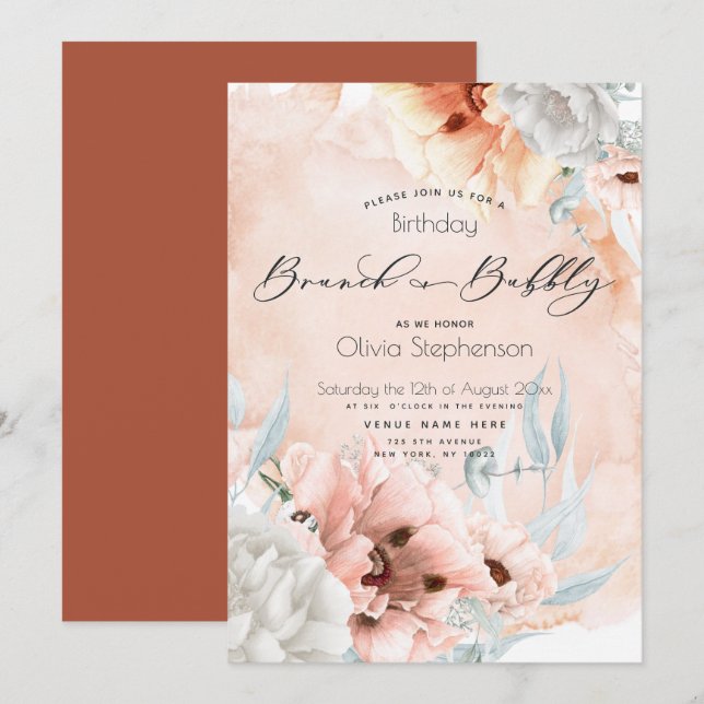 Coral Blush Brunch Bubbly Birthday  Invitation (Front/Back)