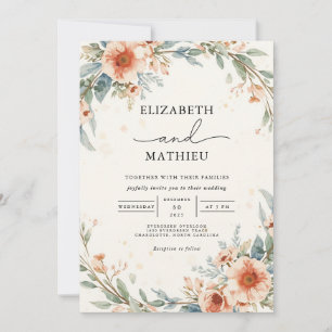 Coral Blush Floral Garland Wedding Invitation