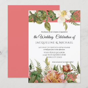 Coral Blush Floral Ivory Peony Wedding Rose Leaf Invitation