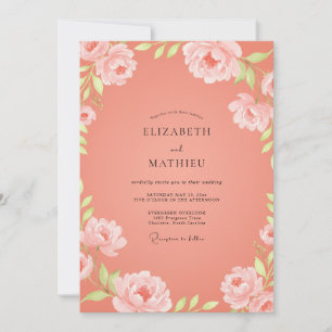Coral Blush Leafy Wedding Invitation