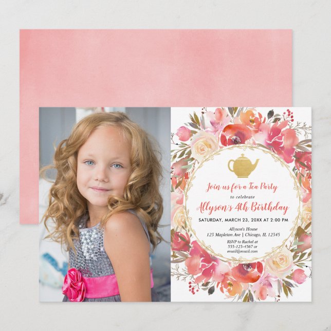 Coral blush pink Floral tea party birthday photo Invitation (Front/Back)
