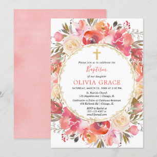 Coral blush pink Girl Baptism Invitation