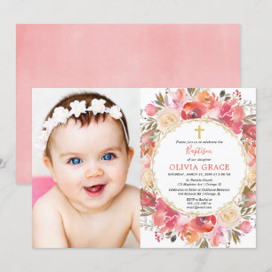 Coral blush pink Girl Baptism photo Invitation