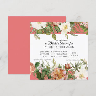 Coral Blush Pink Ivory Roses Floral Bridal Shower Invitation