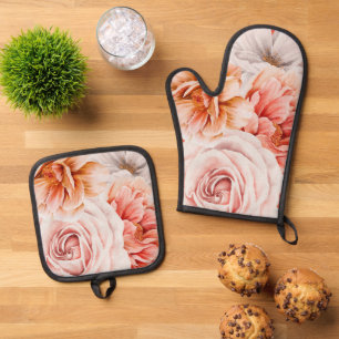 Coral Blush Pink Peonies Floral Pattern Oven Mitt & Pot Holder Set