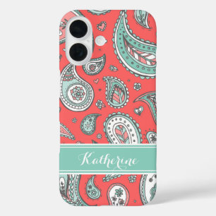Coral Bohemian Paisley Custom Monogram iPhone 16 Case