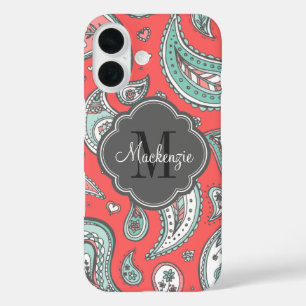 Coral Bohemian Paisley Custom Monogram iPhone 16 Case