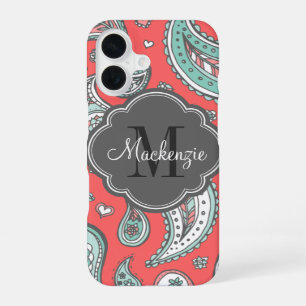 Coral Bohemian Paisley Custom Monogram iPhone 16 Case