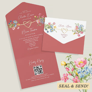 Coral Boho Wildflower Wedding All In One Invitation