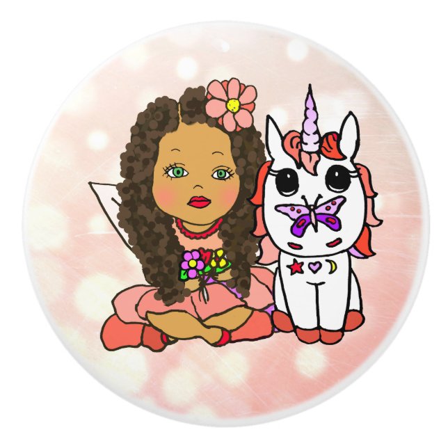 Coral Bokeh Fairy and Unicorn Ceramic Knob (Front)