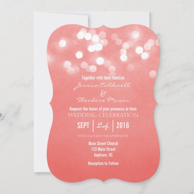 Coral Bokeh Glitter Lights Wedding Invitation (Front)
