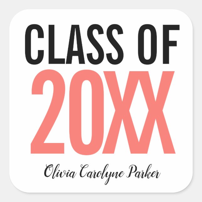 Coral Bold Personalized YEAR Graduation Square Sticker (Front)
