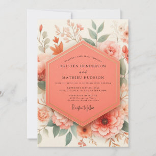 Coral Botanical Romance Wedding Invitation