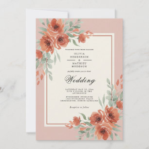 Coral Botanical Romantic Wedding Invitation