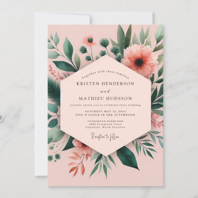 Coral Botanical Whimsy Wedding Invitation (Front)