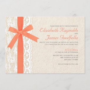 Coral Bow & Lace Wedding Invitations