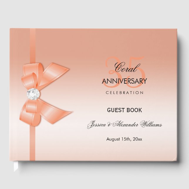 Coral Bow & Ribbon 35th Wedding Anniversary Guest Book (Front)