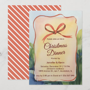 Coral Bow Watercolor Botanical Christmas Dinner Holiday Card