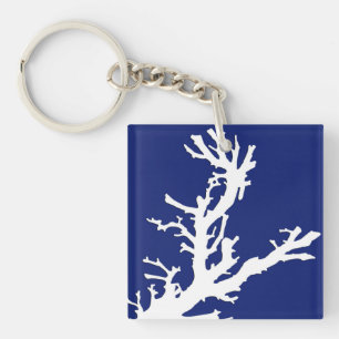 Coral branch - navy blue and white key ring
