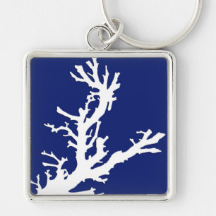 Coral branch - navy blue and white key ring