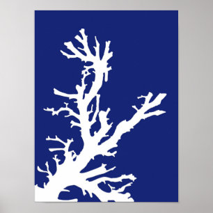 Coral Branch, Navy Blue and White Poster