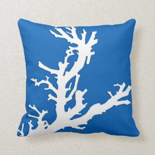 Coral branch - white on cobalt blue cushion