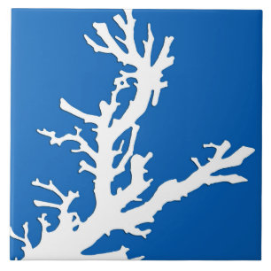 Coral branch - white on cobalt blue tile