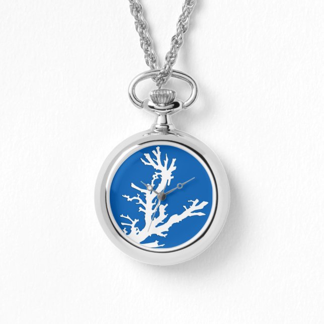 Coral branch - white on cobalt blue watch (Front)