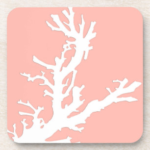 Coral branch - white on coral pink coaster