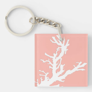 Coral branch - white on coral pink key ring