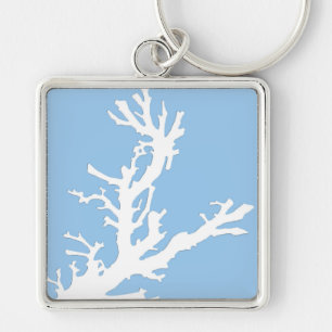 Coral branch - white on pale blue key ring