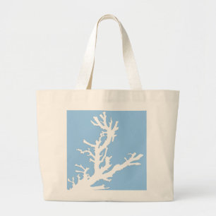 Coral branch - white on pale blue large tote bag