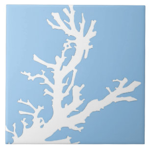 Coral branch - white on pale blue tile