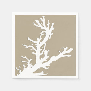 Coral branch - white on taupe tan napkin