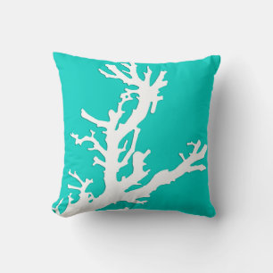 Coral branch - white on turquoise cushion