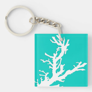 Coral branch - white on turquoise key ring