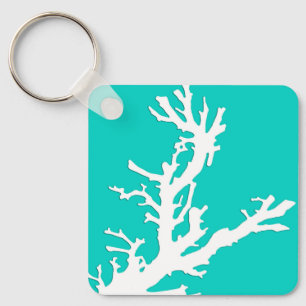Coral branch - white on turquoise key ring