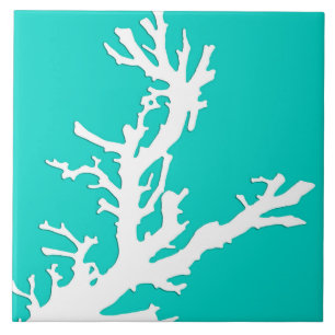 Coral branch - white on turquoise tile