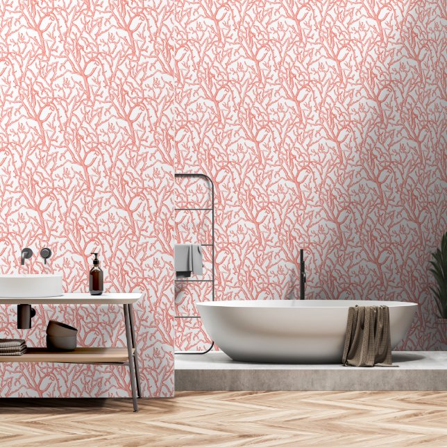 Coral Branches Pink Coastal Beach Wallpaper (Bathroom)