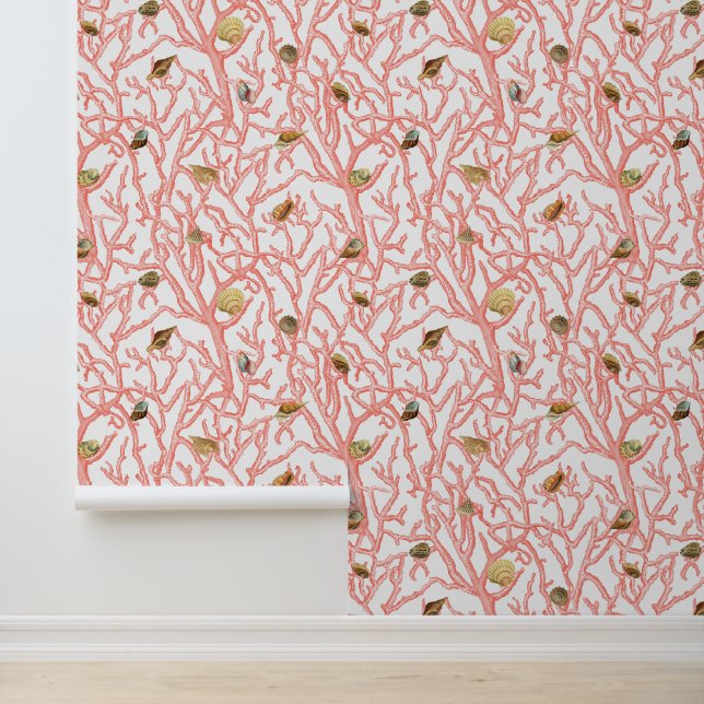 Coral Branches Seashells Coastal Wallpaper (Application)