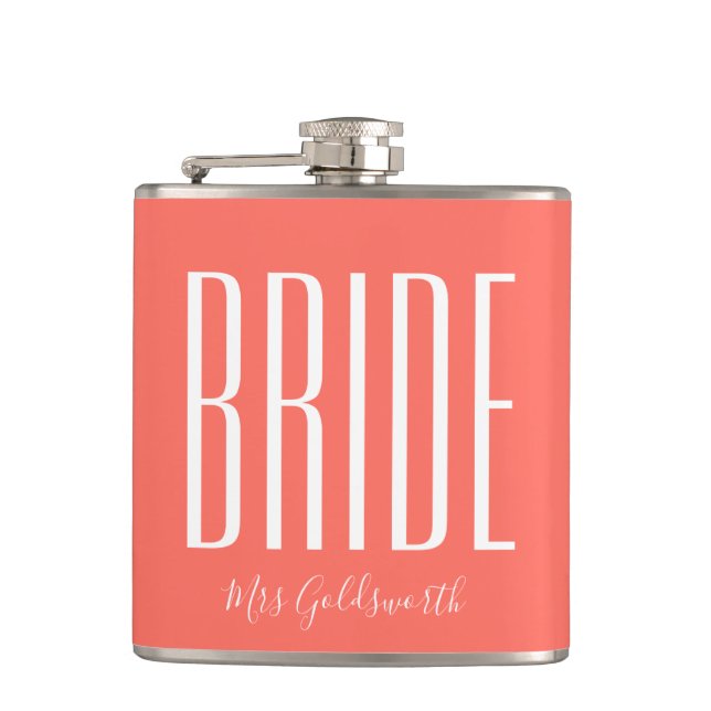 Coral Bride Personalised Name Hip Flask (Front)