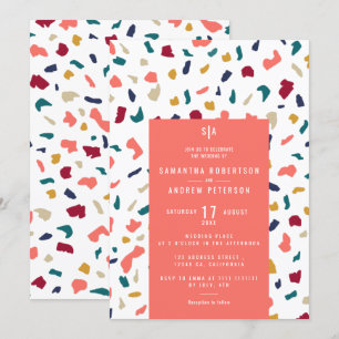 Coral bright marble mozaic terrazzo wedding invitation