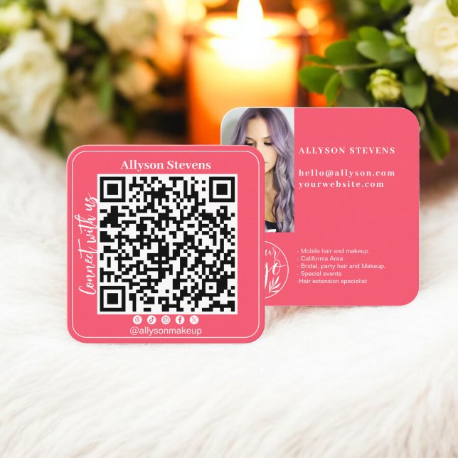 Coral bright Social Media QR Code Photo Logo Square Business Card (Coral bright Social Media QR Code Photo Logo Square Business Card)