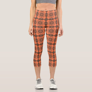 Coral Brown Checker Argyle Pattern Capri Leggings