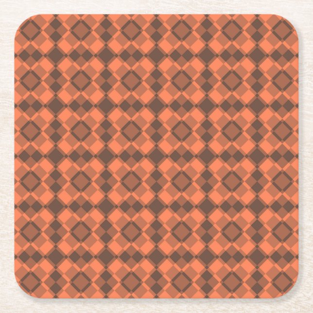 Coral Brown Checker Argyle Pattern Square Paper Coaster (Front)