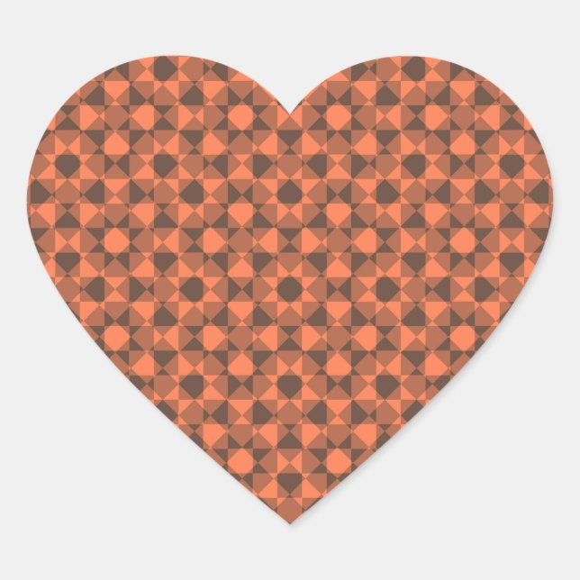Coral Brown Checker Diamond Plaid Pattern Heart Sticker (Front)