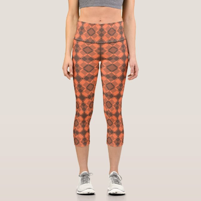 Coral Brown Chequered Argyle Pattern Capri Leggings (Front)