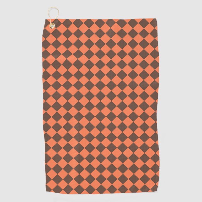 Coral Brown Chequered Diamond Pattern Golf Towel (Front)